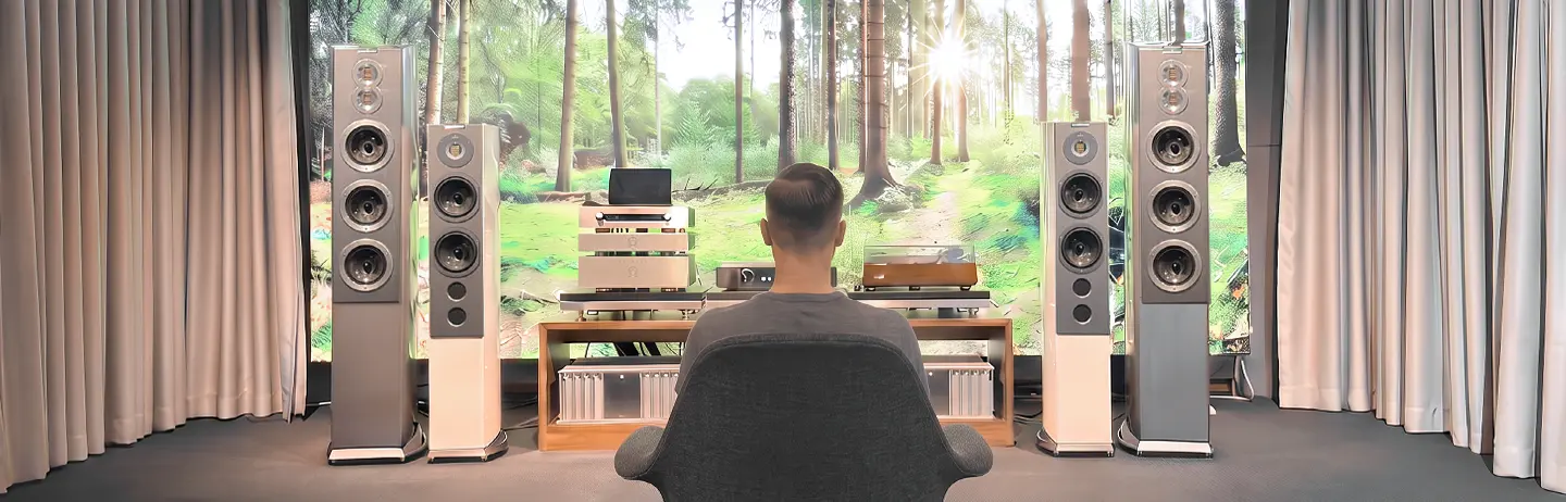 Eine Person sitzt im Suite Spot vor einer HiFi-anlage im in-akustik Hörraum