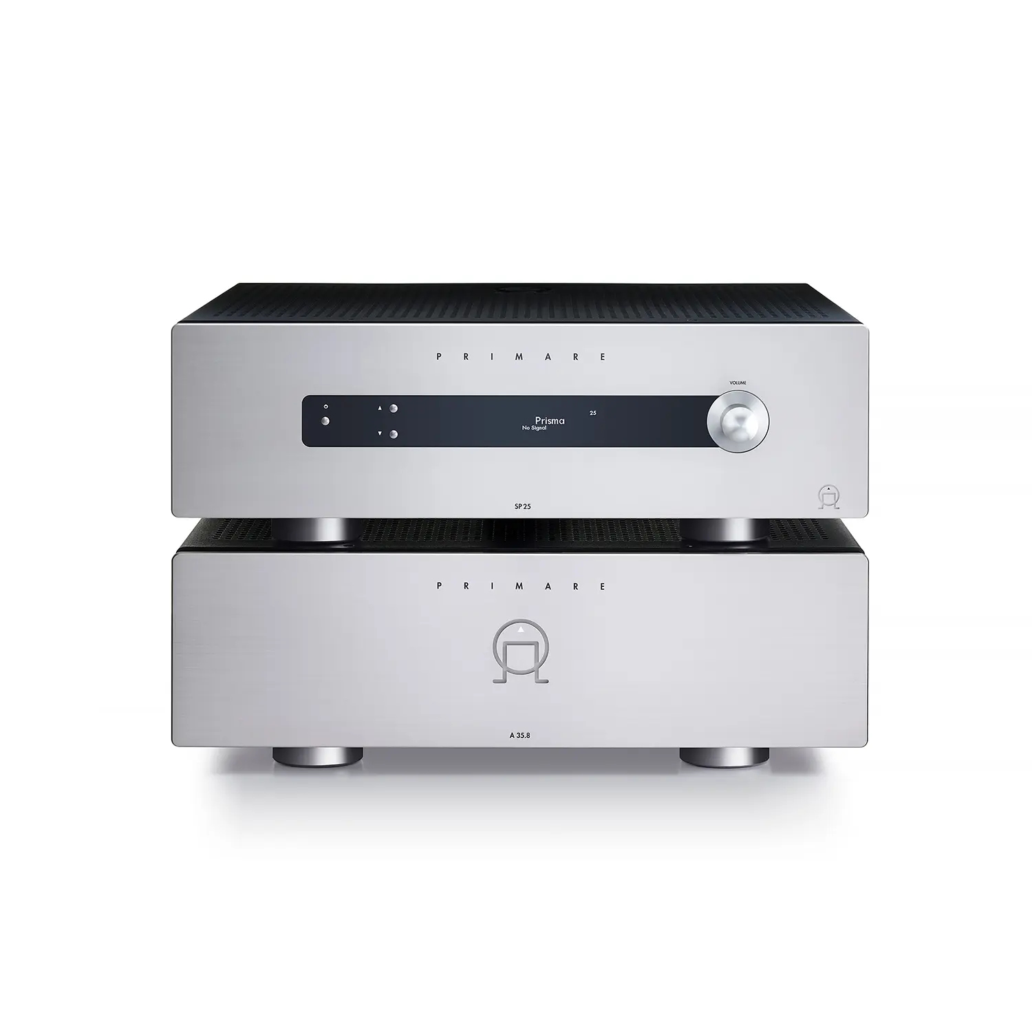 Zwei silberfarbene Primare HiFi-Geräte SP25 Prisma und A35.8 
